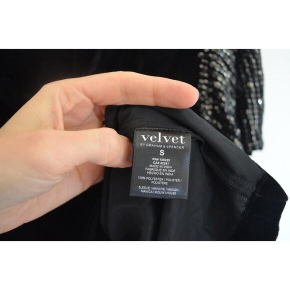 Velvet Graham & Spencer Black Velvet Sequin Flutter Sleeve Top Size Small - Picture 5 of 6